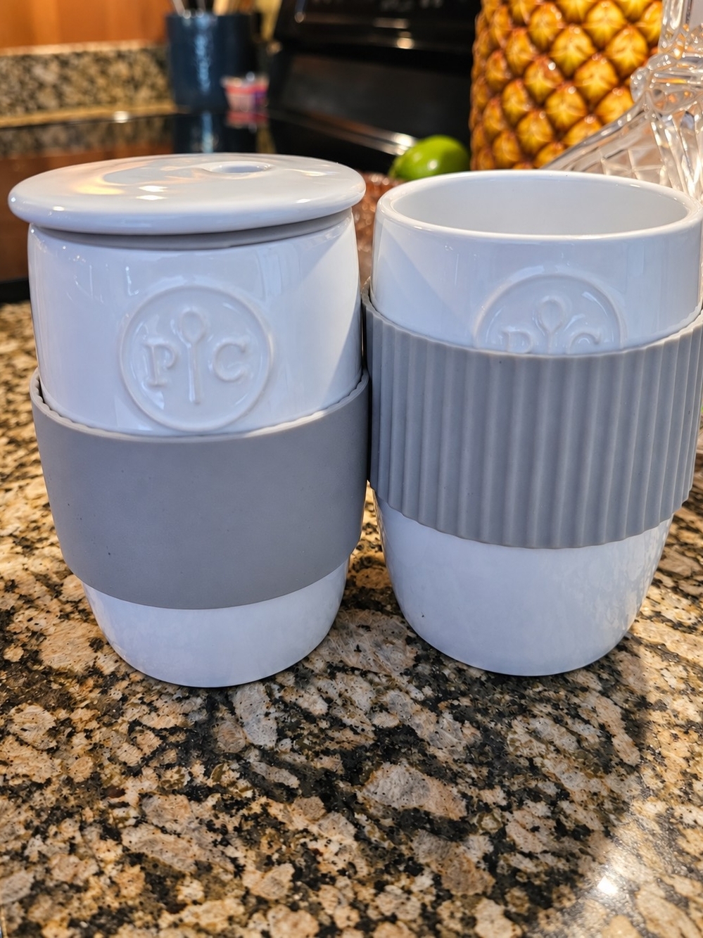 2 Pampered Chef Egg Cookers White Ceramic–One Missing Lid